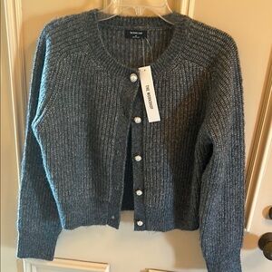 Gray Cardigan Sweater with Ribbed Details